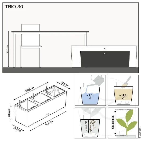 LECHUZA® Pflanzkasten TRIO Stone 30 Quarzweiß mit 3 Einsätzen All-in-One