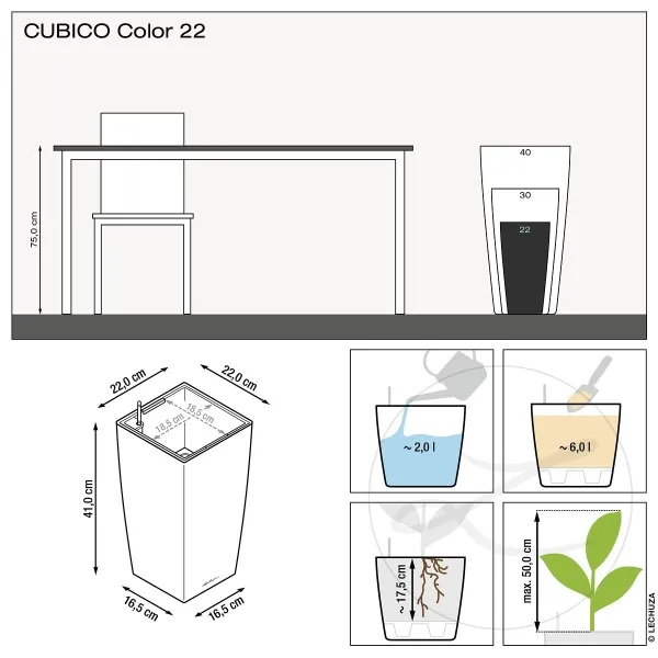 LECHUZA® Pflanzsäule CUBICO Color 22 Schiefergrau seidenmatt All-in-One