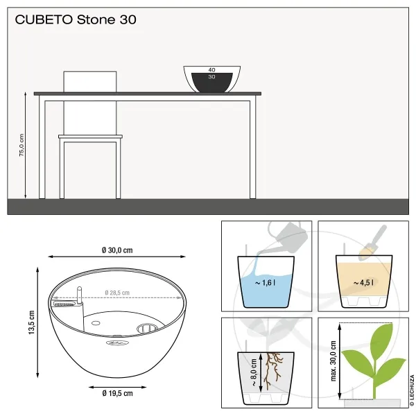 LECHUZA® Pflanzschalen CUBETO Stone 30 Steingrau All-in-One