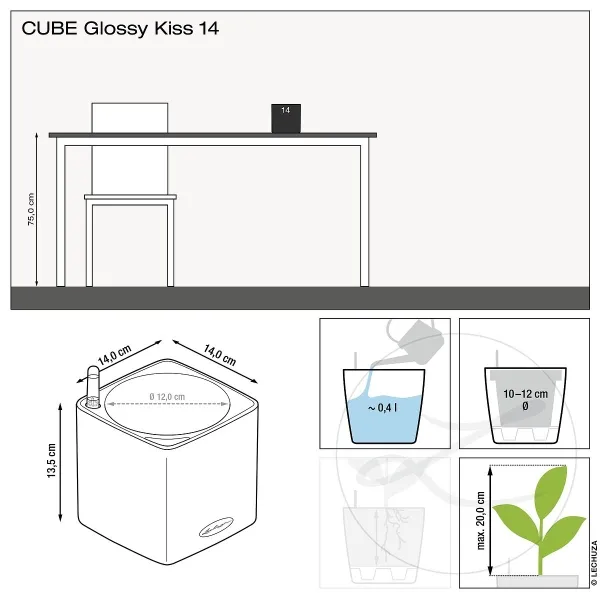 LECHUZA® Tischgefäße CUBE Glossy 14 Weiß hochglänzend