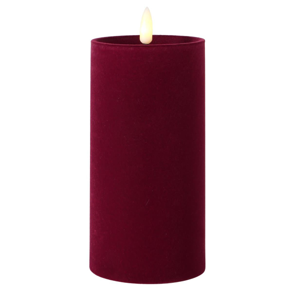 LED-Kerze Velvetta beflockt dunkelrot  Ø 7,5 cm Höhe 17,5 cm