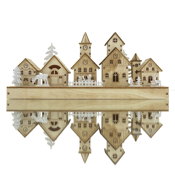 Lumineo Batterie LED Kleines Weihnachtsdorf Natur & Weiß  5 Häuser 30 x 13,5 cm 5 LED - warmweiß