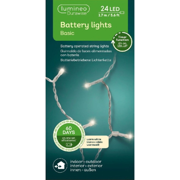 Lumineo Batterie LED Lichterkette Durawise transparent 1,7 Meter 24 Lichter - warmweiß