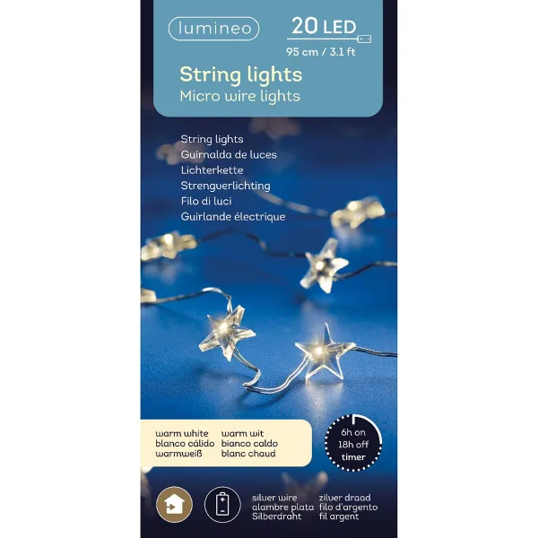 Lumineo Batterie LED Stern-Lichterkette Micro wire silber 0,95 Meter 20 Lichter - warmweiß