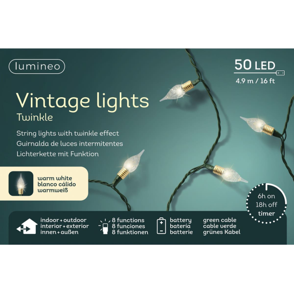 Lumineo Batterie LED Vintage Lichterkette grün 8 Funktionen 490 cm 50 Lichter - warmweiß 