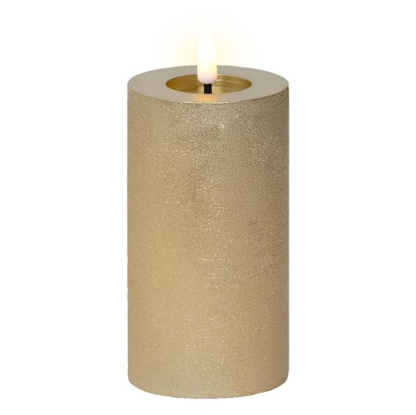 Lumineo Batterie LED Wachskerze Goldfarben Ø 7 cm Höhe 15 cm - warmweiß