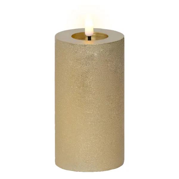 Lumineo Batterie LED Wachskerze Goldfarben Ø 7 cm Höhe 15 cm - warmweiß
