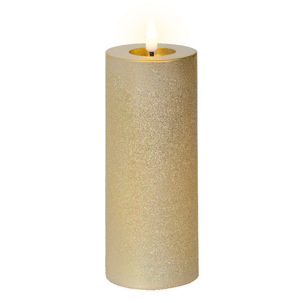 Lumineo Batterie LED Wachskerze Goldfarben Ø 7 cm Höhe 19 cm - warmweiß