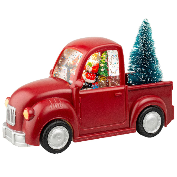 Lumineo Batterie LED Weihnachtsmann im roten PickUp Beleuchtung Bewegung & Musik 22,5 x 13 cm - warmweiß