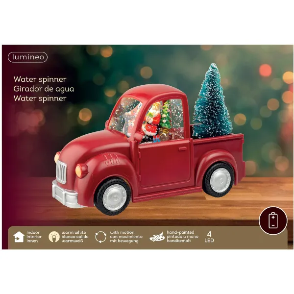 Lumineo Batterie LED Weihnachtsmann im roten PickUp Beleuchtung Bewegung & Musik 22,5 x 13 cm - warmweiß