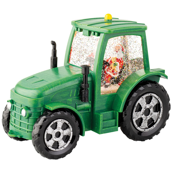 Lumineo Batterie LED Weihnachtsmann im grünen Trecker Beleuchtung Bewegung & Musik 22 x 17 cm - warmweiß