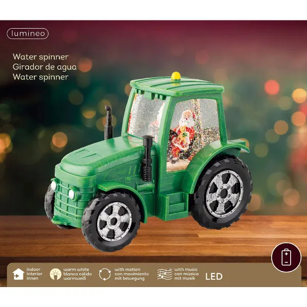 Lumineo Batterie LED Weihnachtsmann im grünen Trecker Beleuchtung Bewegung & Musik 22 x 17 cm - warmweiß