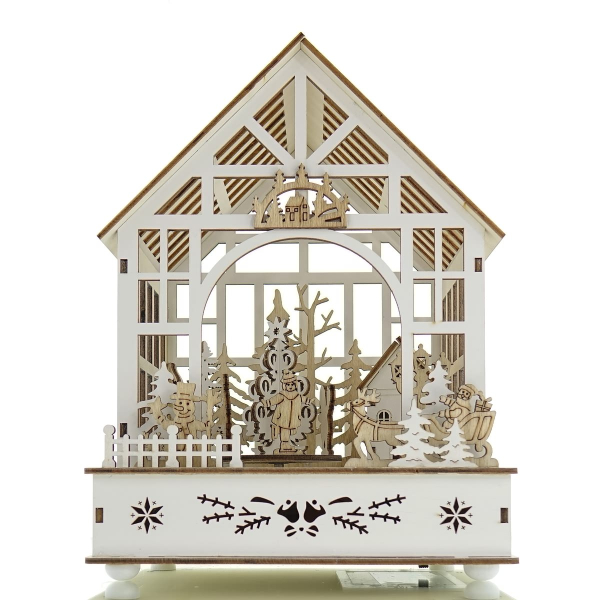 Lumineo Batterie LED Weihnachts-Fachwerkhaus Natur & Weiß mit Bewegung & Musik 7 LED 18 x 23,8 cm - warmweiß
