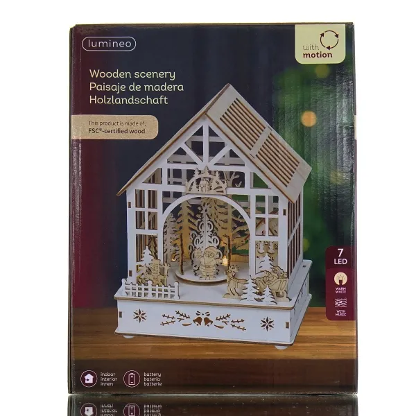 Lumineo Batterie LED Weihnachts-Fachwerkhaus Natur & Weiß mit Bewegung & Musik 7 LED 18 x 23,8 cm - warmweiß