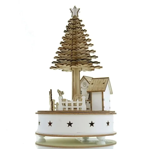 Lumineo Batterie LED Weihnachts-Szene Nostalgie Natur & Weiß großer Baum Bewegung & Musik Ø 15 cm Höhe 25 cm 5 LED - warmweiß