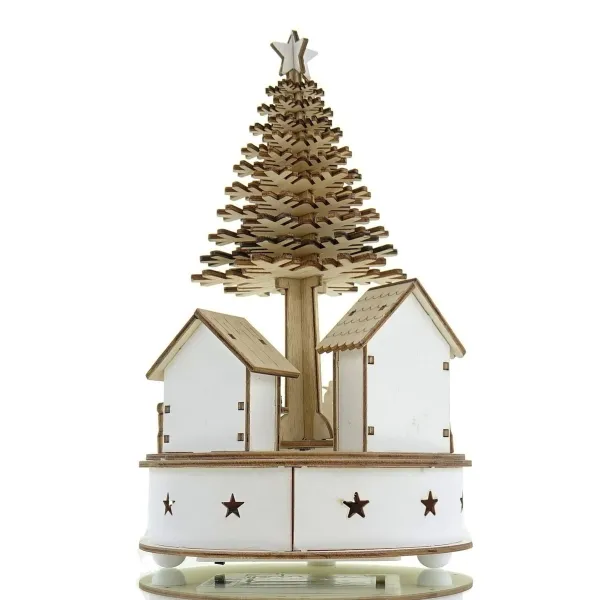 Lumineo Batterie LED Weihnachts-Szene Nostalgie Natur & Weiß großer Baum Bewegung & Musik Ø 15 cm Höhe 25 cm 5 LED - warmweiß