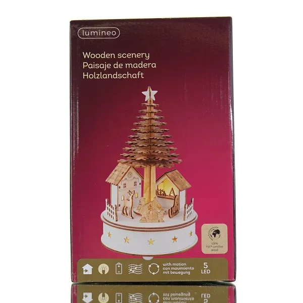 Lumineo Batterie LED Weihnachts-Szene Nostalgie Natur & Weiß großer Baum Bewegung & Musik Ø 15 cm Höhe 25 cm 5 LED - warmweiß