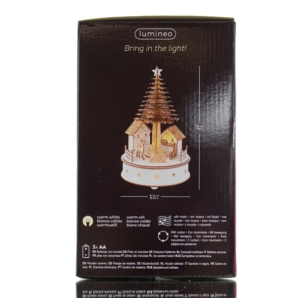 Lumineo Batterie LED Weihnachts-Szene Nostalgie Natur & Weiß großer Baum Bewegung & Musik Ø 15 cm Höhe 25 cm 5 LED - warmweiß