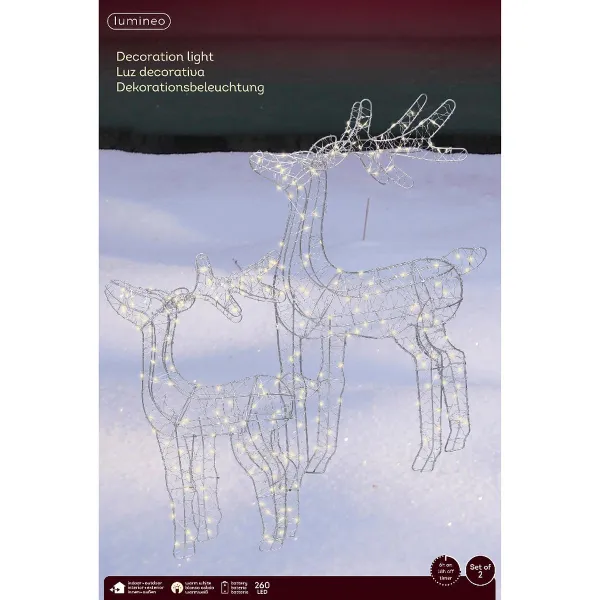 Lumineo Batterie Micro-LED Rentiere Silberfarben in 2 Größen 56 & 43 cm 140 & 120 Lichter aus Metall - warmweiß
