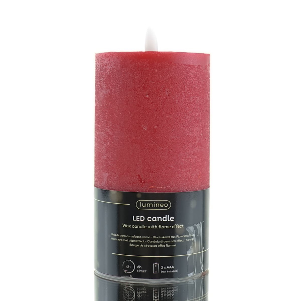 Lumineo Batterie LED Wachskerze Rot Flammeneffekt Ø 7 cm Höhe 15 cm - warmweiß