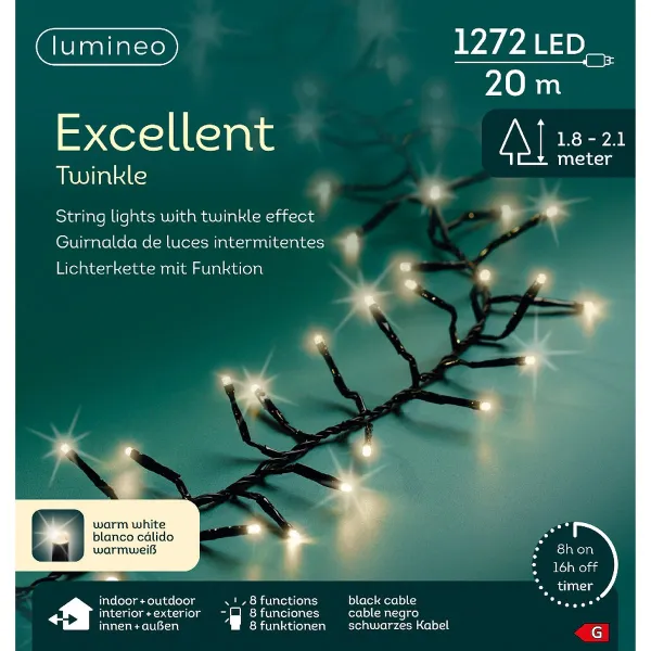 Lumineo LED Lichterkette Excellent Twinkle schwarz 20 Meter 1272 Lichter - warmweiß