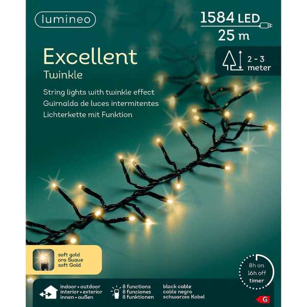 Lumineo LED Lichterkette Excellent Twinkle schwarz 25 Meter 1584 Lichter - softgold