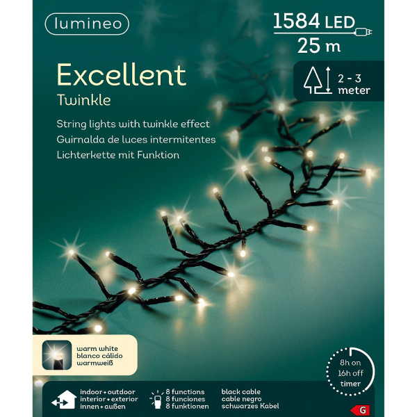 Lumineo LED Lichterkette Excellent Twinkle schwarz 25 Meter 1584 Lichter - warmweiß