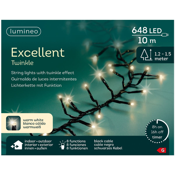 Lumineo LED Lichterkette Excellent Twinkle schwarz 10 Meter 648 Lichter - warmweiß