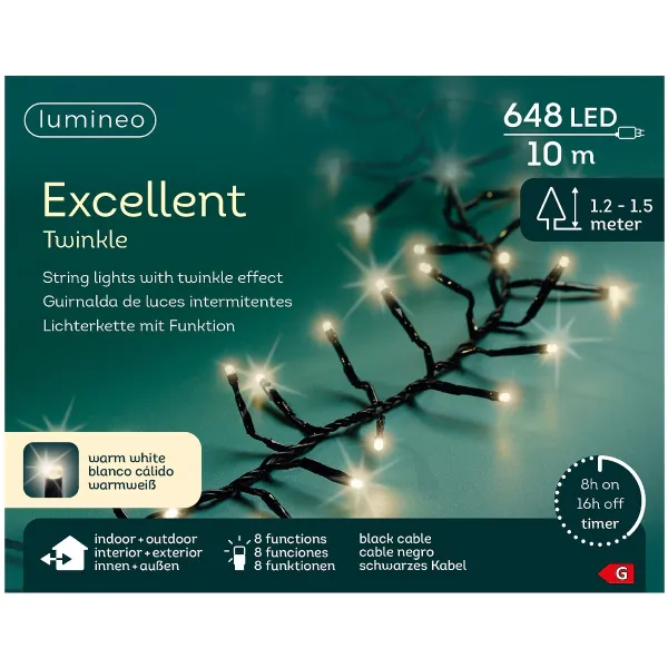 Lumineo LED Lichterkette Excellent Twinkle schwarz 10 Meter 648 Lichter - warmweiß