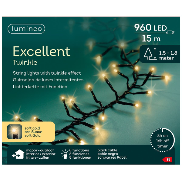Lumineo LED Lichterkette Excellent Twinkle schwarz 15 Meter 960 Lichter - softgold
