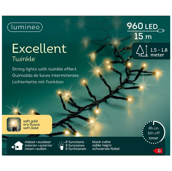 Lumineo LED Lichterkette Excellent Twinkle schwarz 15 Meter 960 Lichter - softgold