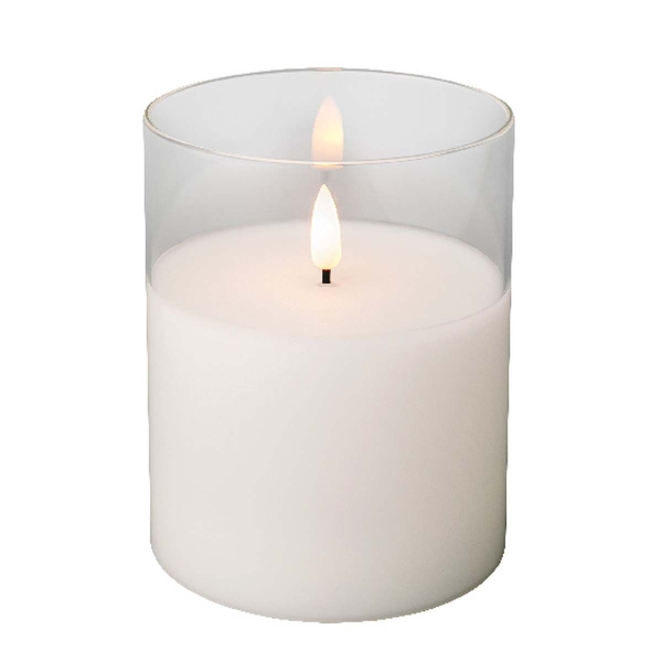 Lumineo LED Wachskerze Weiß im Glaszylinder Ø 10  Höhe 12,5 cm - warmweiß