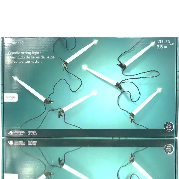 Lumineo LED Kerzenlichterkette Weiß grünes Kabel 9,5 Meter 20 Lichter mit Befestigungsklipp - warmweiß