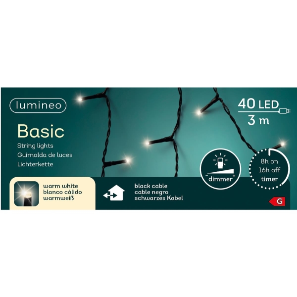 Lumineo LED Lichterkette Basic schwarz 3 Meter 40 Lichter - warmweiß