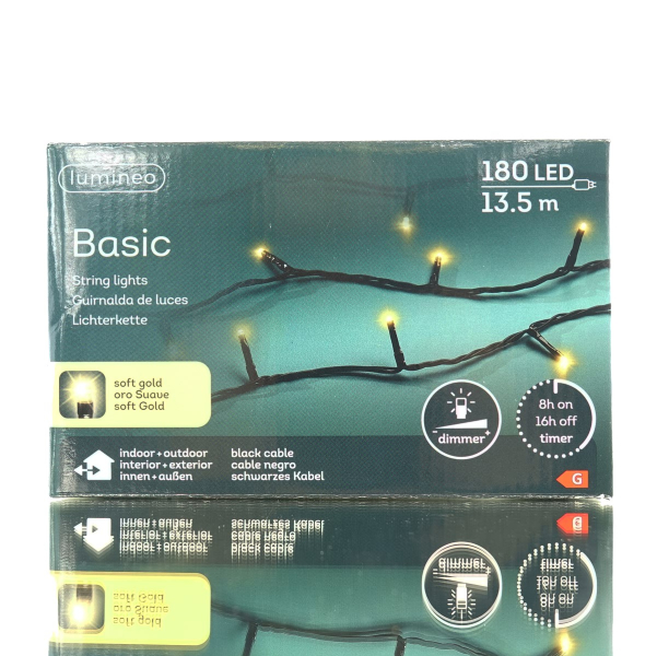 Lumineo LED Lichterkette Basic schwarz 13,5 Meter 180 Lichter - softgold