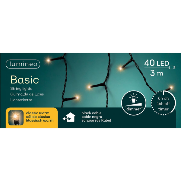 Lumineo LED Lichterkette Basic schwarz 3 Meter 40 Lichter - klassisch warm
