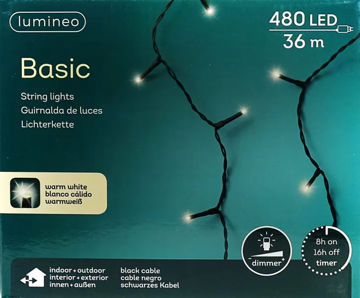 Lumineo LED Lichterkette Basic schwarz 36 Meter 480 Lichter - warmweiß