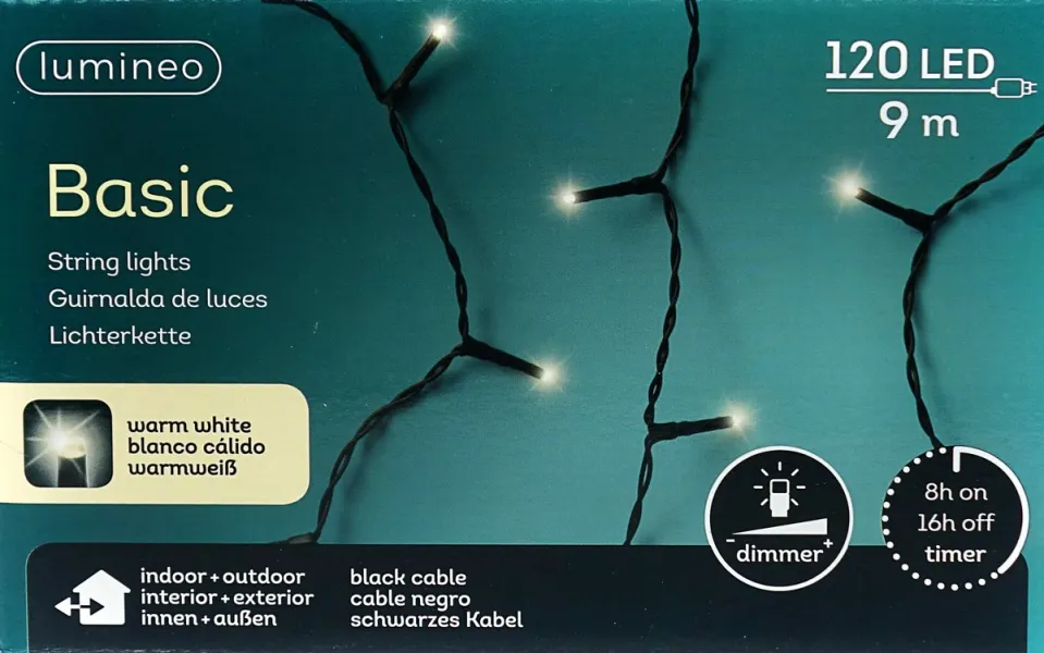 Lumineo LED Lichterkette Basic schwarz 9 Meter 120 Lichter - warmweiß
