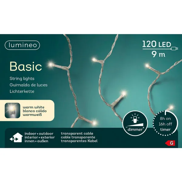 Lumineo LED Lichterkette Basic transparent 9 Meter 120 Lichter - warmweiß