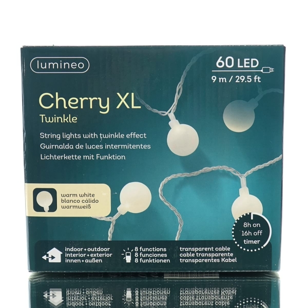 Lumineo LED Lichterkette Cherry XL Twinkle transparent 9 Meter 60 Lichter - warmweiß