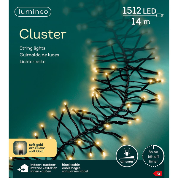 Lumineo LED Lichterkette Cluster schwarz 14 Meter 1512 Lichter - softgold