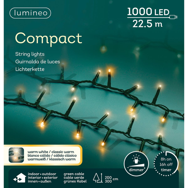 Lumineo LED Lichterkette Compact grün 22,5 Meter 1000 Lichter - warmweiß / klassisch warm