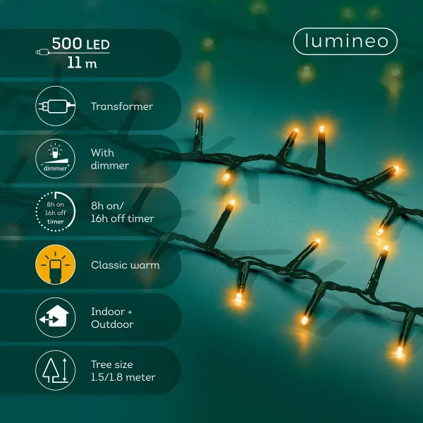Lumineo LED Lichterkette Compact mit Funktionen 1.100 cm 500 Lichter - grün/klassisch warm