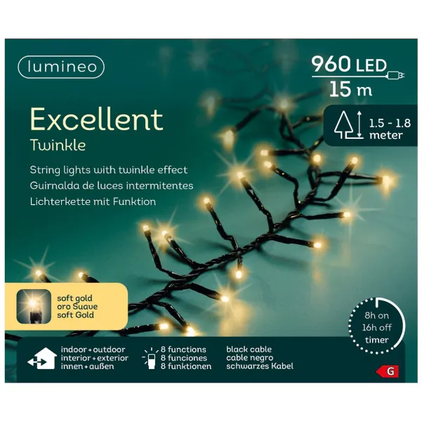 Lumineo LED Lichterkette Excellent Twinkle schwarz 15 Meter 960 Lichter - softgold