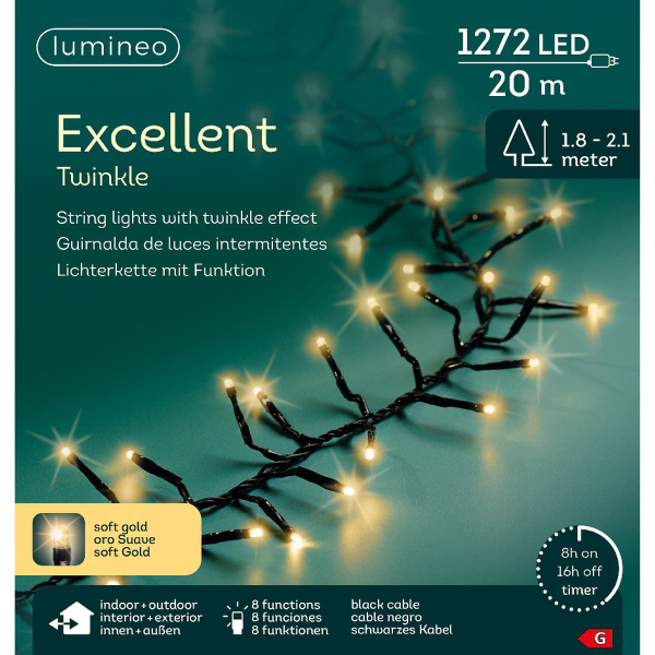 Lumineo LED Lichterkette Excellent Twinkle schwarz 20 Meter 1272 Lichter - softgold