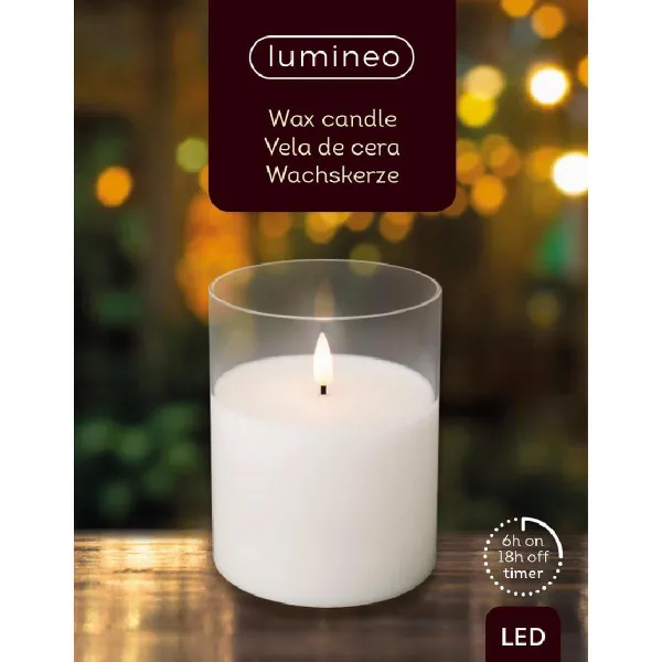 Lumineo LED Wachskerze Weiß im Glaszylinder Ø 10 Höhe 12,5 cm - warmweiß