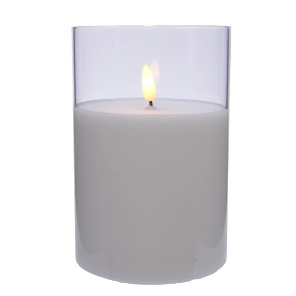 Lumineo LED Wachskerze Weiß im Glaszylinder Ø 10  Höhe 15 cm - warmweiß