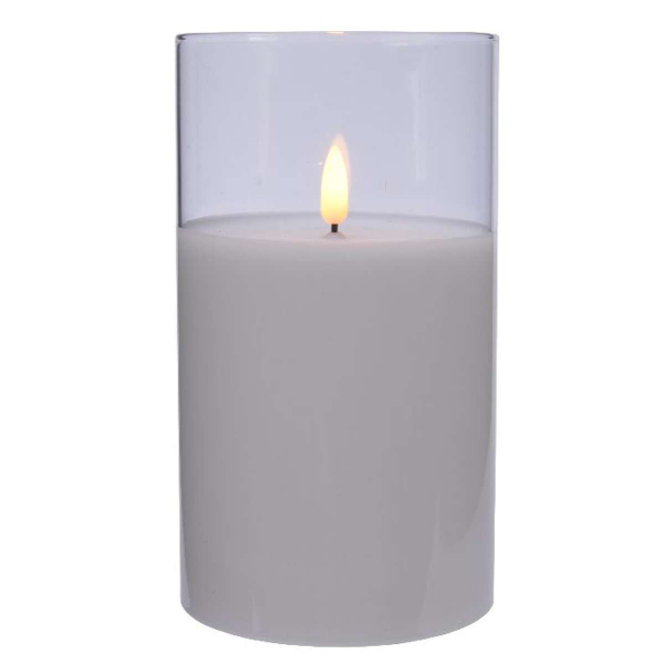 Lumineo LED Wachskerze Weiß im Glaszylinder Ø 10  Höhe 17,5 cm - warmweiß