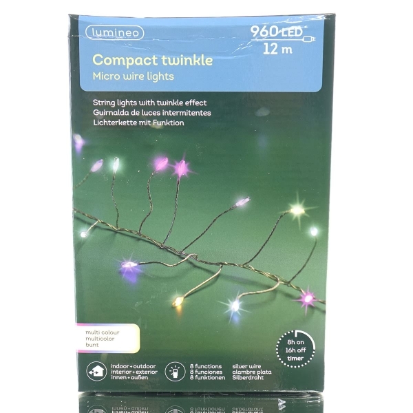 Lumineo Micro-LED Lichterkette Compact Twinkle Silberfarben 12 Meter 960 Lichter - bunt