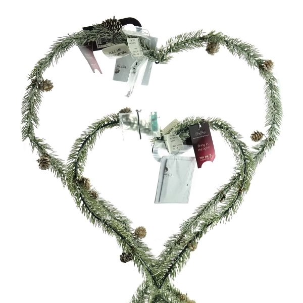 Lumineo Micro-LED 2 Herzen aus beschneiten Zweigen mit Zapfen 36 & 50 cm 65 Lichter - warmweiß